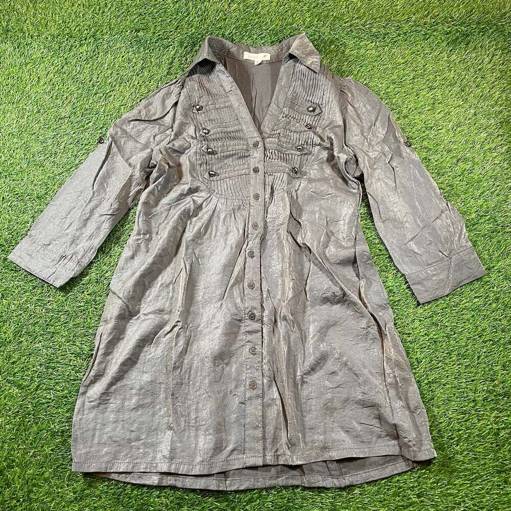 MINE Women's Small Shirt Gray Metallic Blouse Pleated Button Front 3/4 Sleeve